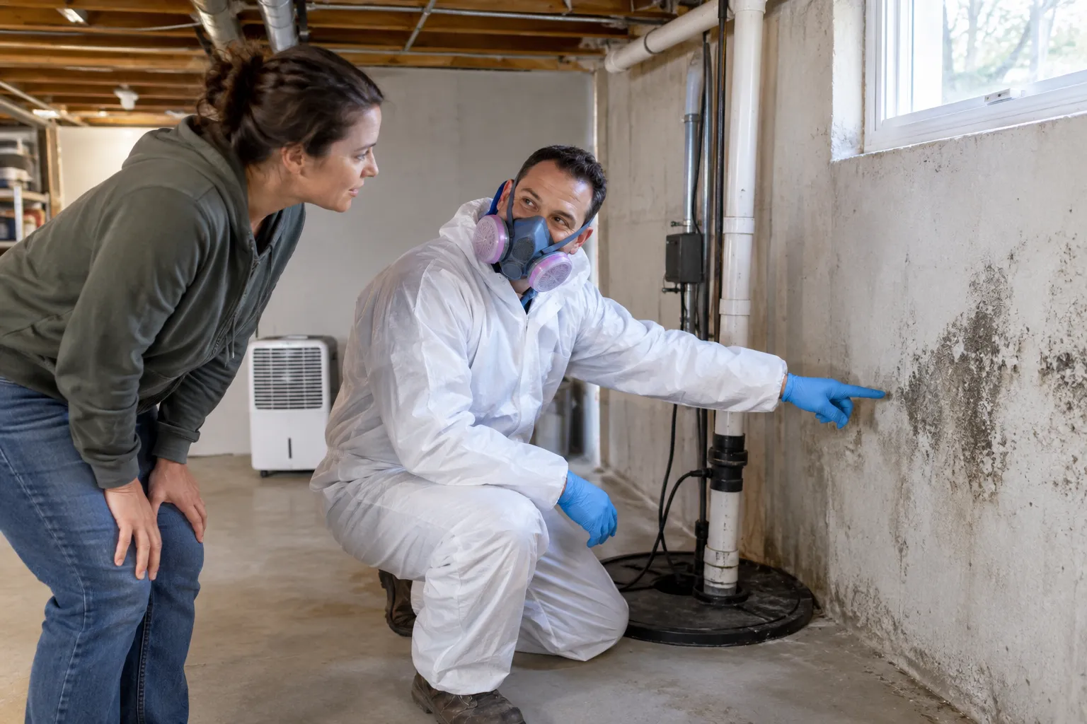 Technician removing dark mold from a bathroom ceiling