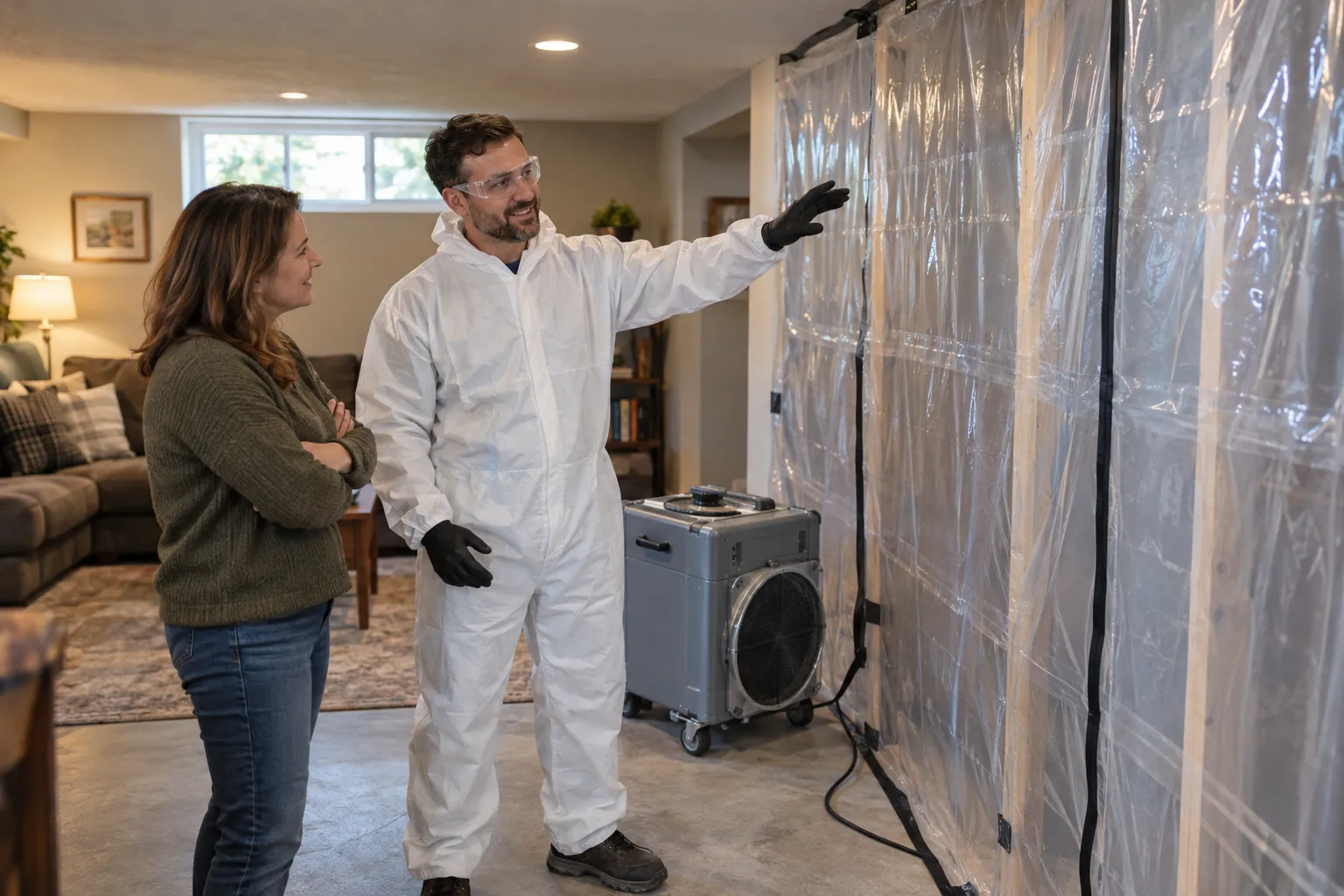 Mold remediation work area sealed with plastic sheeting